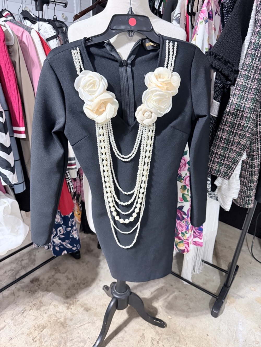 Nova Lux Black Floral-Applique Long Sleeve Sheath Dress with Pearls Attached